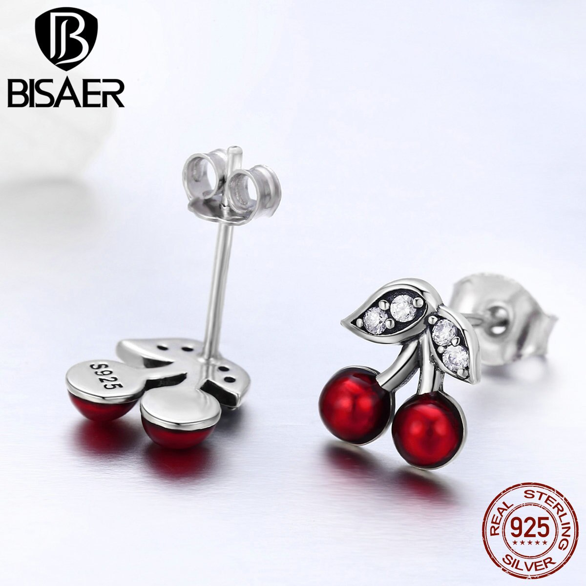 100% Bijoux 925 Sterling Silber Süße Rote Kirsche Obst Emaille Stud Ohrringe für Frauen Ohrringe Schmuck Brincos ECE404
