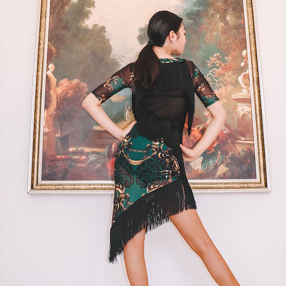 Short Sleeve Tassel Floral Latin Dance Dress Dancing Performance Women Dress Ballroom Samba Tango WL509