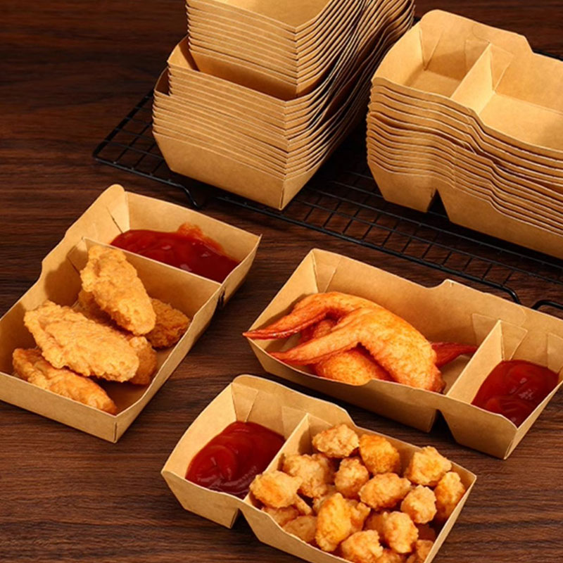 Vassoi di carta per alimenti Barche spuntino Nacho Contenitore fritto Scatole da asporto Vassoio per patatine fritte Vassoio per spuntino usa e getta in carta kraft Vassoi per alimenti