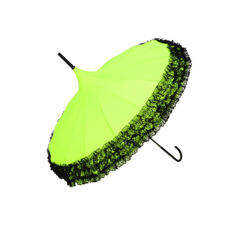 Princess Lace Pagoda Umbrellas For Straight Bar Semi Automatic Long Handle Hook Rain Gear Lady Sunshade Unbrellas Women Parasol: Fluorescent yellow