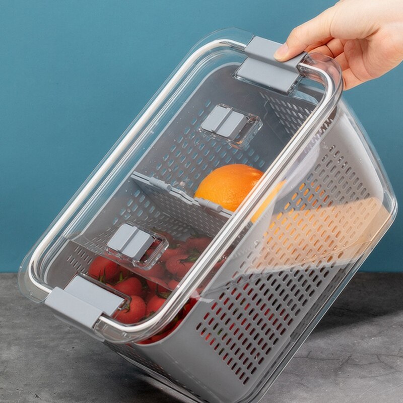 Cesta de drenagem alimentos fresco-mantendo armazenamento caixa de lavagem de plástico frutas e vegetais dreno cesta geladeira organizador: Light Grey