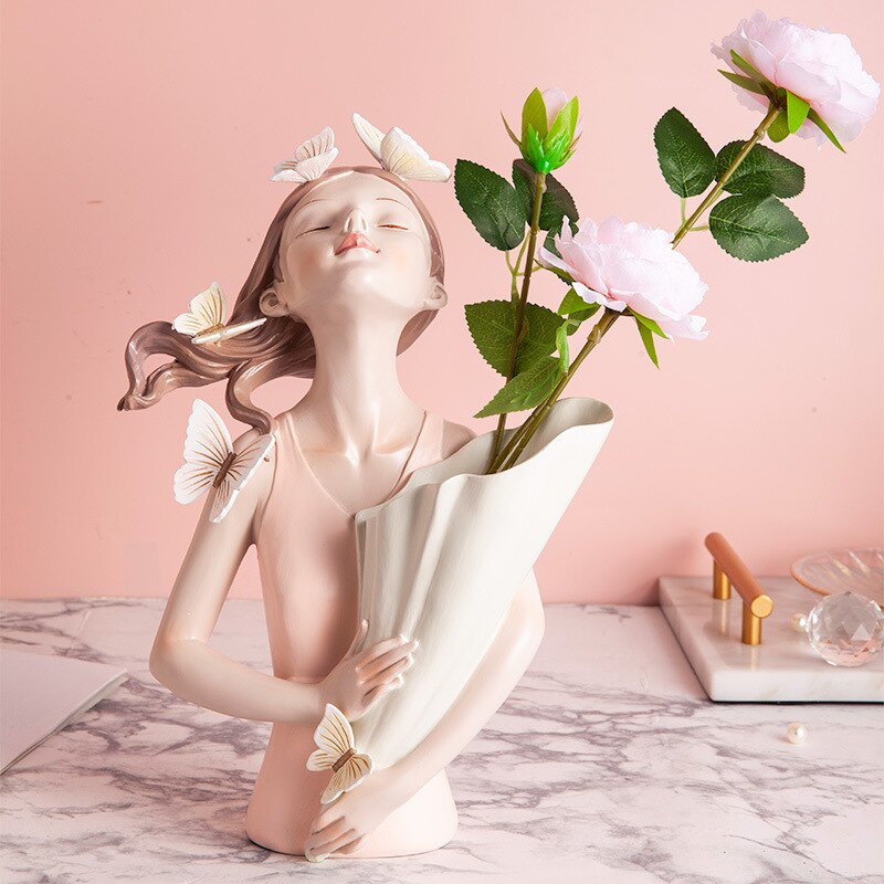 Vase de fleurs artificielles modernes, sculpture de papillon fille, ornements en résine pour la maison, Vases de décoration de maison chauds