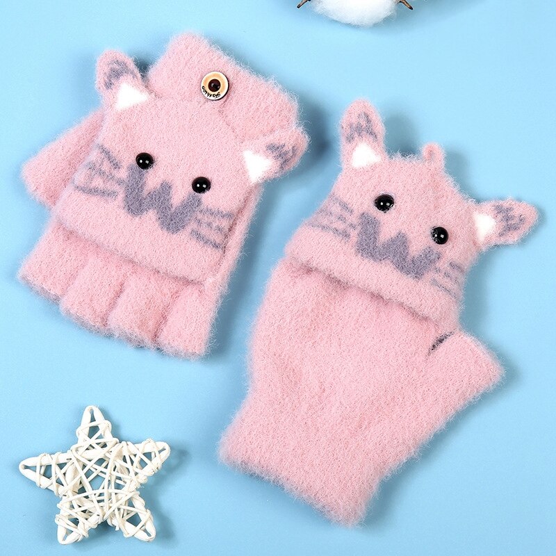 Nette Karikatur Baby Handschuhe freundlicher Winter Gestrickte Fäustlinge Handschuhe Dicke Warme Halb Finger Handschuhe freundlicher Fingerlose Handschuhe für Mädchen: Rosa