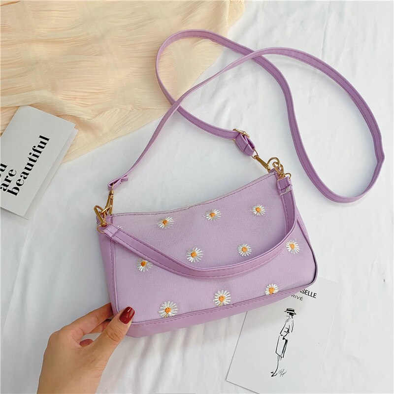 Realer-sac à main brodé à fleurs pour femmes, sacoche à bandoulière, fourre-tout , sacoche sous le bras, décontracté: Purple