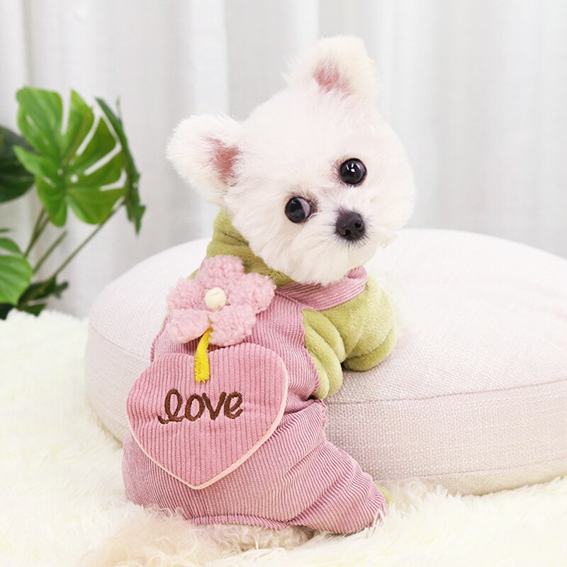 Ropa para perros, Otoño Invierno, abrigo cálido para perros pequeños, chaqueta para cachorros, traje, pantalones bonitos de amor con flores, mono para perros Chihuahua
