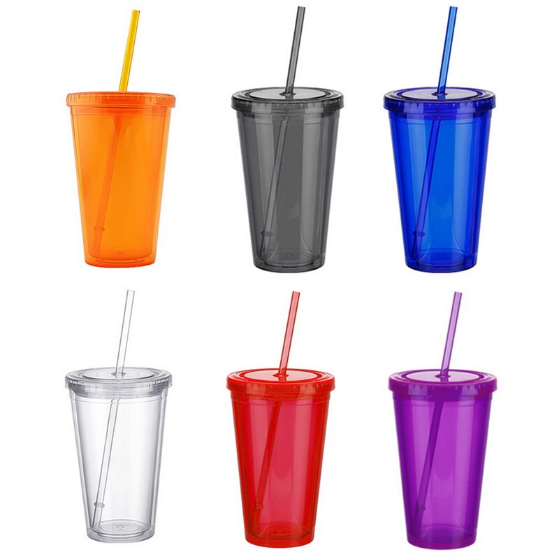 6 Kleur 500Ml Dubbelwandige Ijs Koud Drankje Cup Koffie Sap Thee Cup Herbruikbare Smoothie Plastic Iced Reizen mok Met Stro