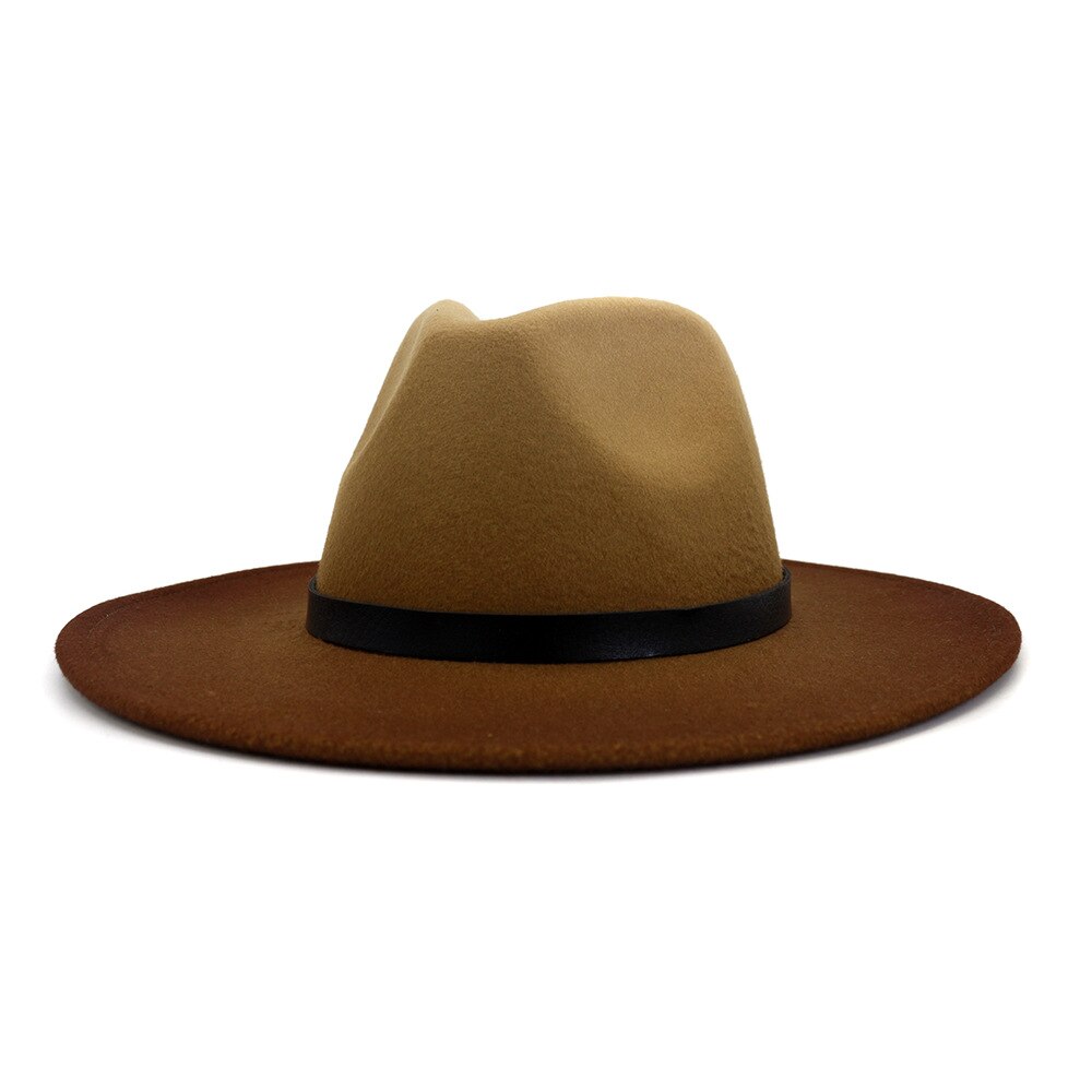 Fs kvinder fedora hat bred rand uldhuer til mænd følte gradient farve jazz panama hatte kirke vintage cowboy trilby hatte: Khaki