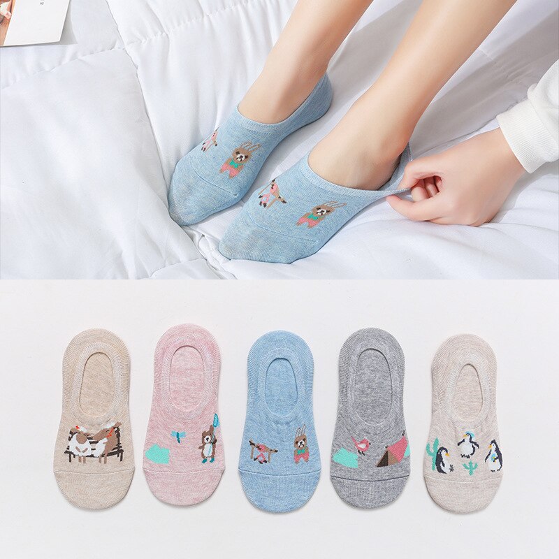 5 par/lot korea sommar tecknat djur kvinnor strumpor kanin katt räv båt strumpor bomull söt kawaii osynliga ankel strumpor: Smt -93-15