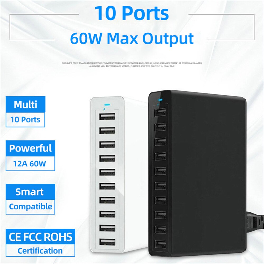 60W Fast 10 Ports USB Charger for iPhone iPad Kindle Samsung Xiaomi Charging Station Dock Multi USB Charger Desktop with Cable