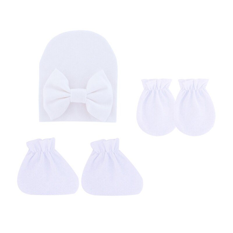 Baby Strik Hoed Geen Kras Handschoenen Voet Cover Set Zuigelingen Zachte Katoenen Wanten D5QA: White