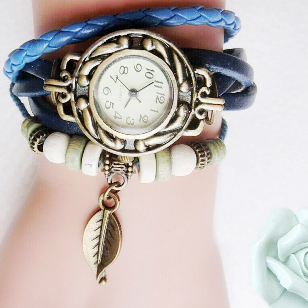 Vrouw Armband Horloge Lederen Band Leaf Hanger Ladie Horloge Retro Eenvoudige Quartz Lady Klok Relogi montre dames horloges # W