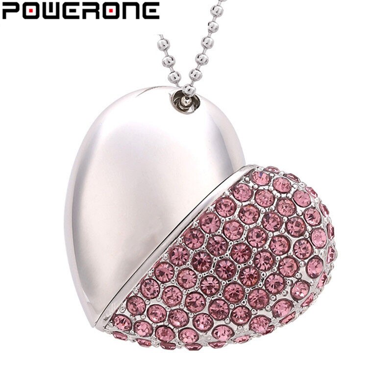 POWERONE cristal diamant coeur avec chaîne pendentif clé USB clé USB 64GB 16gb 32GB USB 2.0 collier mémoire bâton