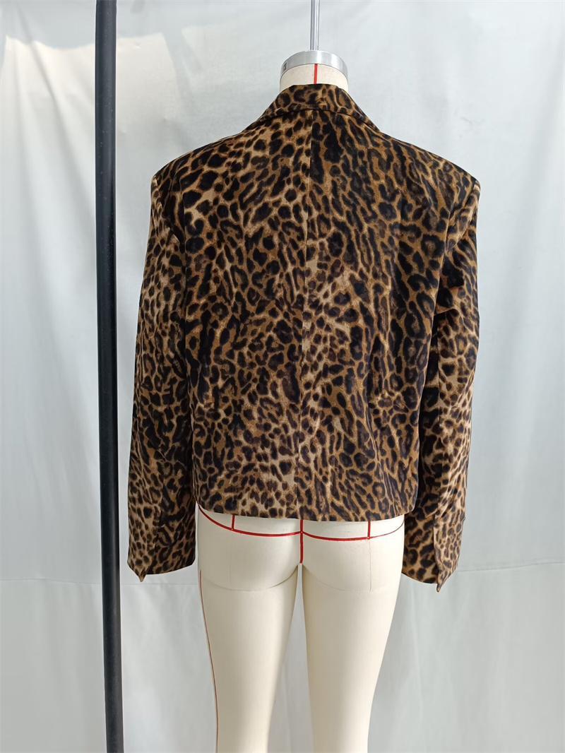 Keyanketian høst/vinter dame leopardprint fløyelsdress retrostil løs avskåret blazer med klafflommer og yttertøy