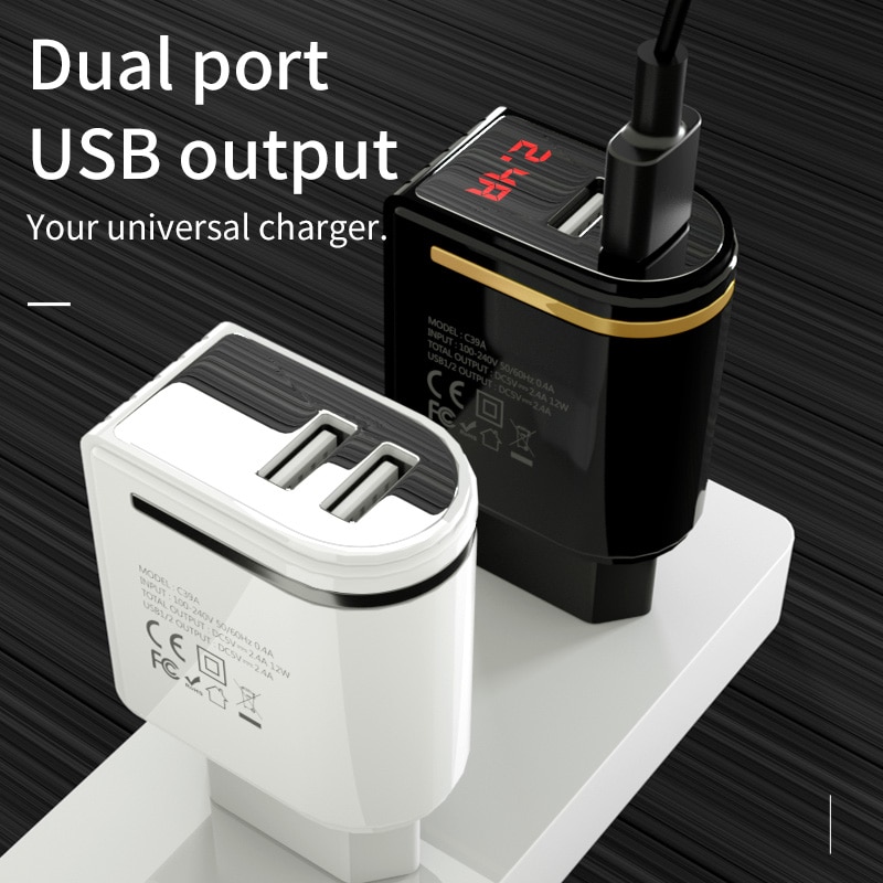 HOCO 5V2.4A 2 Ports USB Wall Fast Charging Charger EU US Plug Power LED display Adapter For iPhone X XS XS Max XR Samsung xiaomi