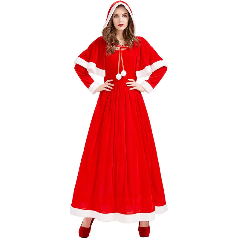 Christmas deluxe party red dress claus stage show performance costume christmas woman cape + long dress christmas season cosplay dress: S / Red