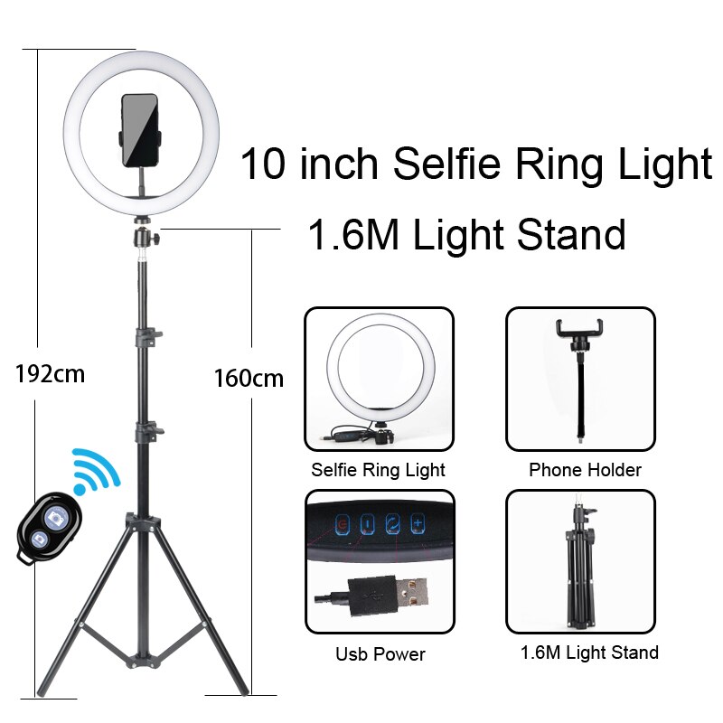 Beauty dimmable LED selfie ring light USB plug with different specifications of tripod,suitable for selfie and live broadcast: 10 inch 160cm
