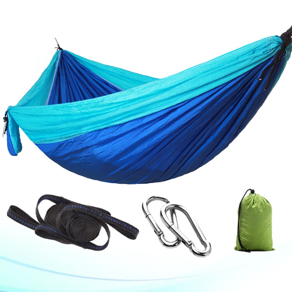 Udendørs camping hængekøje hængende seng rejse bærbar hængekøje enkelt dobbelt person fritid hængekøje  (1pc hængekøje , 2 stk stål spænde: Himmelblå blå