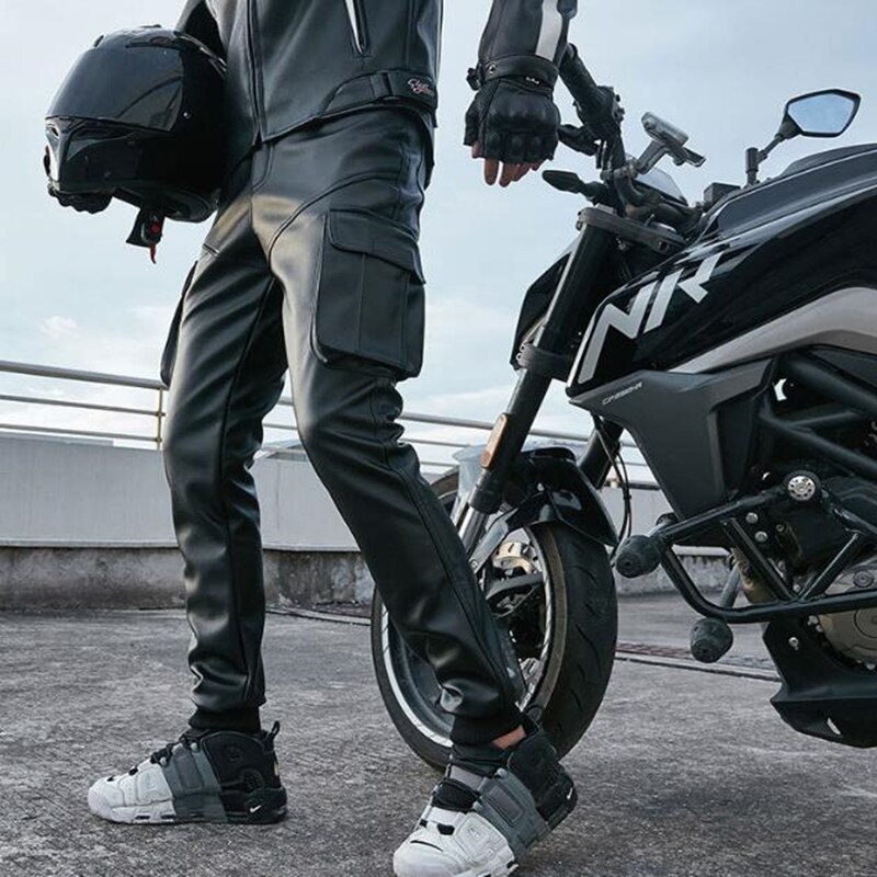Pantalon en cuir pour hommes, Punk Rock, pour moto, Streetwear, décontracté, droit, , PU
