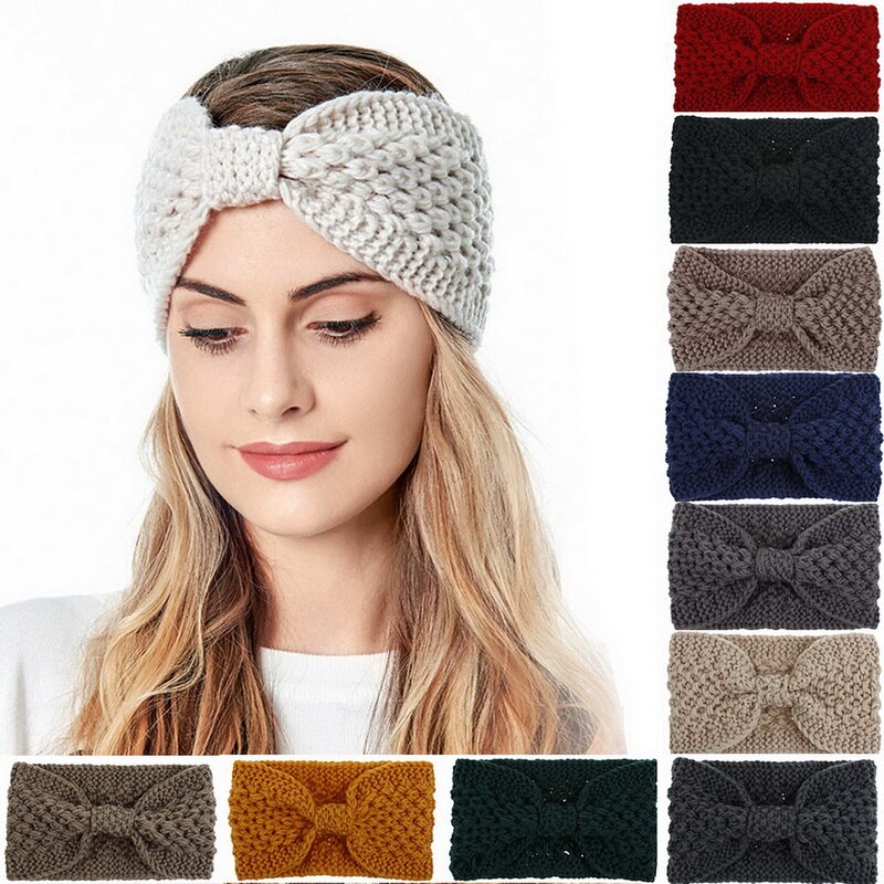 Neue Winter Gestrickte Elastische Stirnbänder Turban Für Frauen Mädchen Stricken Wolle Haarband Häkeln Bogen Breite Stirnbänder Haar Zubehör