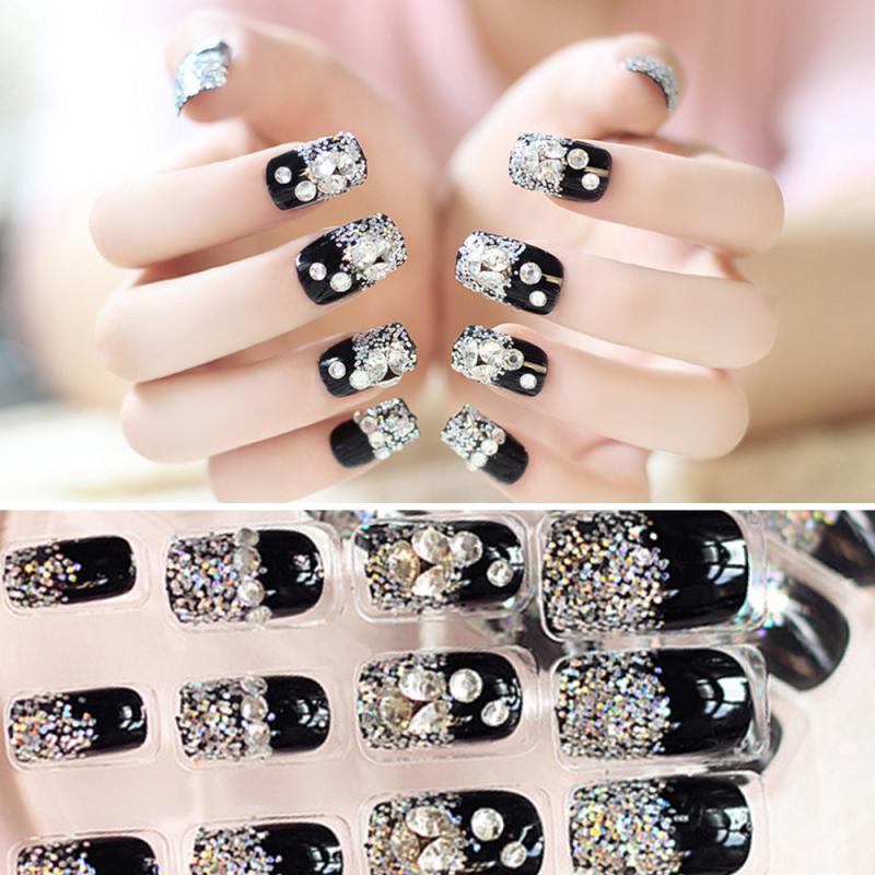 24 stuks zwarte nepnagels met strass steentjes, kunstnagels met glitter, dubbelzijdige tape, bruiloftsaccessoires