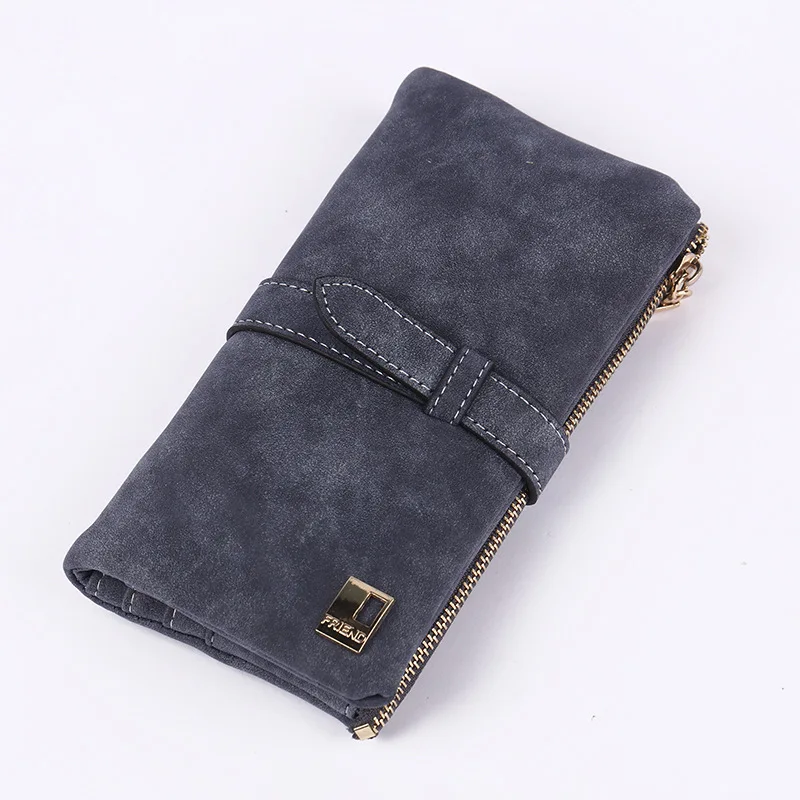 Women Wallets Drawstring Nubuck Leather Zipper Wallet Women's Long Purse Two Fold More Color Clutch: black
