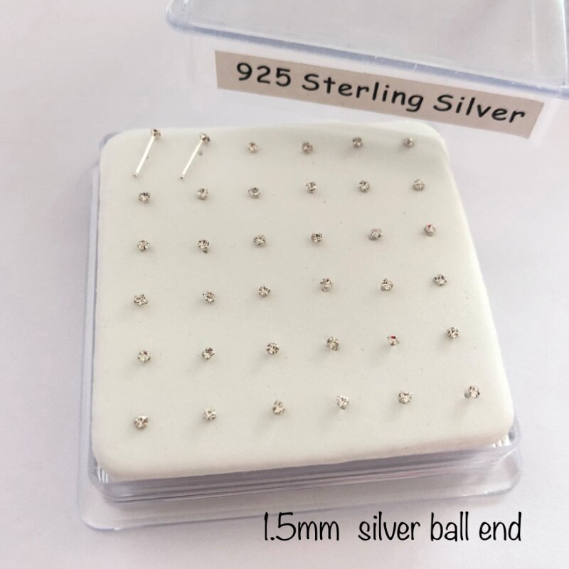 Hellolook 1.5Mm Clear Crystal 925 Sterling Zilveren Neus Stud Rechte Mode Vrouwen Delicate Neus Piercing Sieraden 36 Stks/pak: silver ball end