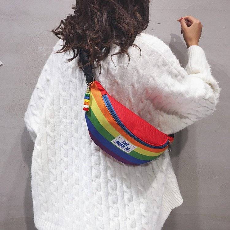 Summer Women Rainbow Street Waist Bags Girl Fanny Crossbody Packs Ladies Panelled Banana Bum Belt BagsTravel Purse: Red