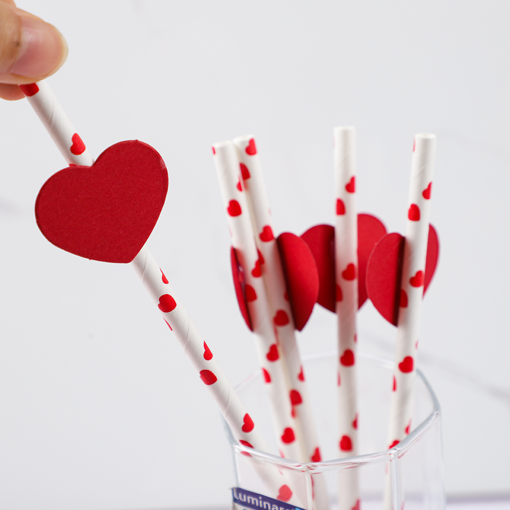 20Pcs Red Love Heart Paper Straws Romantic Wedding Party Straws Tableware Supplies Happy Valentine's Day Party Decoration