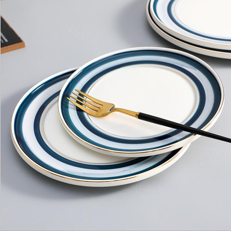 Gilt Rim Blue Gradient Dinner Plate Ceramic Kitchen Plate Tableware Set Food Dishes Rice Salad Noodles Bowl Soup Kitchen Tool