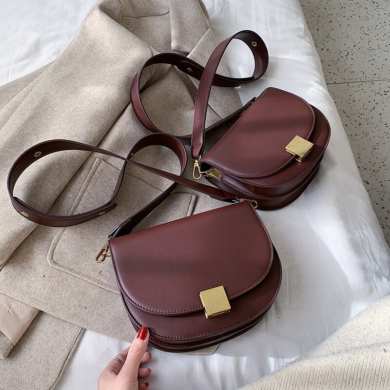 Sac à main de selle en cuir couleur Pure pour femmes, sac à main Vintage de bonne , sacoche à bandoulière à verrouillage de styliste, hiver