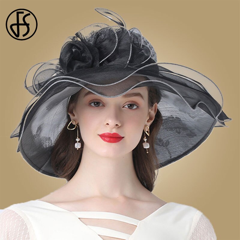 FS Women Black Hats For Summer Wide Brim Sun Hats Big Flowers Kentucky Derby Church Fedora Party Wedding Hat: Gray