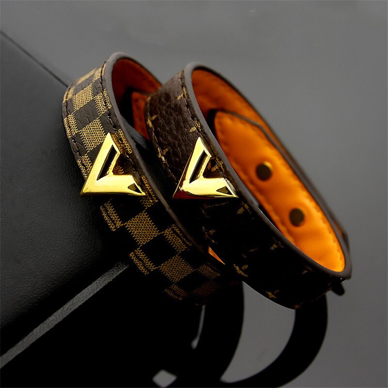 Gold Farbe Titan Edelstahl knapp Gitter Armreif Frauen Braun Leder Armbinde Weibliche Punk Hand Zubehör