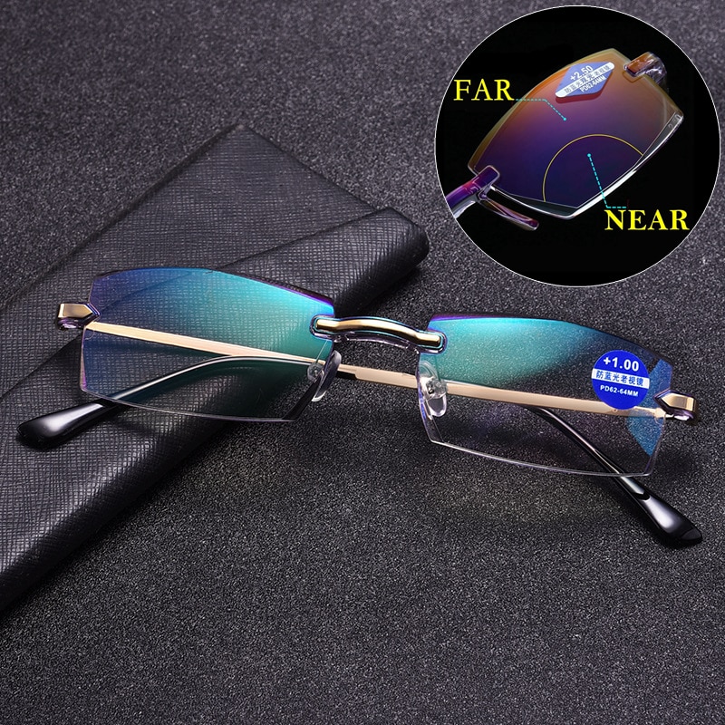 Integrerte lesebriller herre anti-blått lys kantløse briller vintage bifokale lesebriller uten innfatning  tr90 gafas kvinner  +1.50