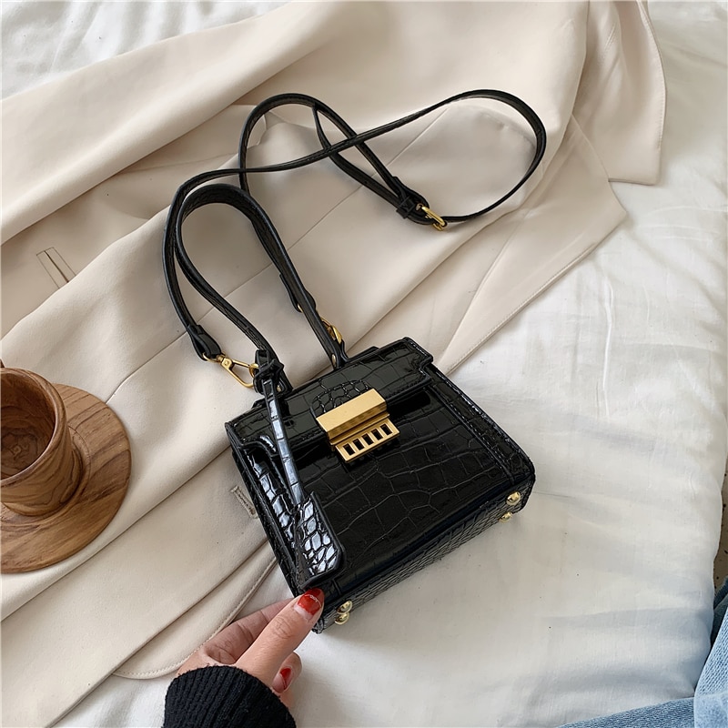 Mini PU Leather Crossbody Bags For Women Summer Stone Pattern Shoulder Simple Handbag Female Tote Handbags: Black