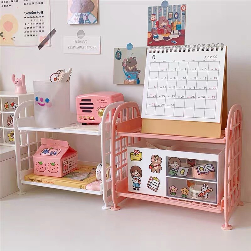 Support de rangement en plastique pour livres, coréen Ins, 2 couches, pour articles de papeterie cosmétique, de bureau, pliable, à monter soi-même