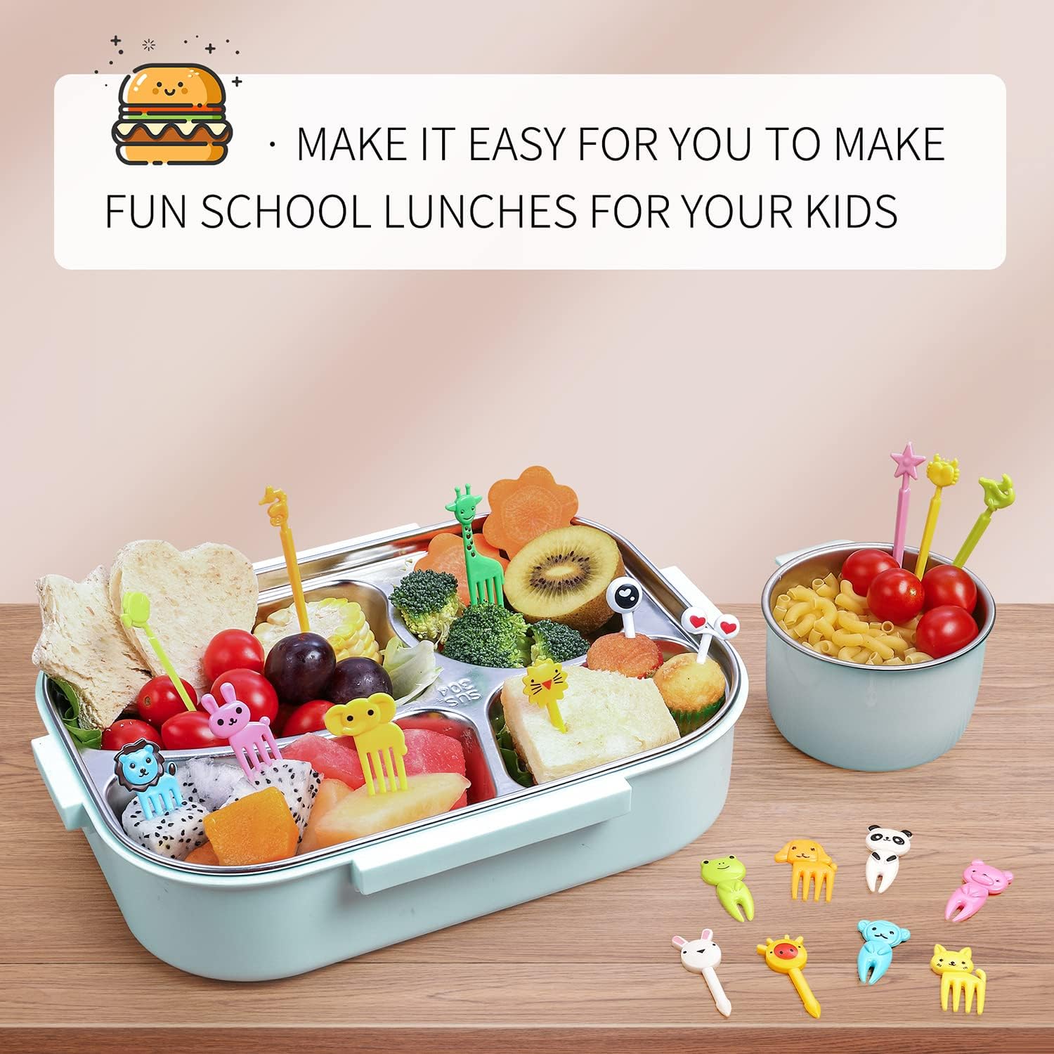 Mini selecciones de comida para niños, viñetas de animales para niños pequeños, aperitivos, pasteles, postres, comida, tenedores de fruta con cortador, divisores de fiambrera de silicona
