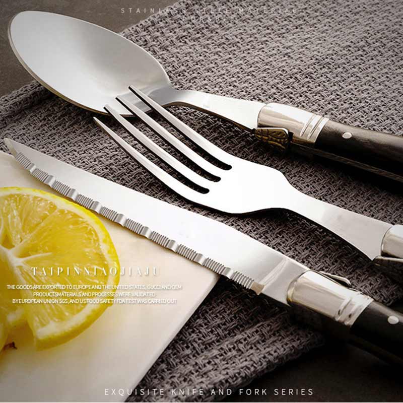3 st/set bestick rostfritt stål gaffel stek knivar gaffel sked träskaft trä laguiole stil middagskniv gaffel sked