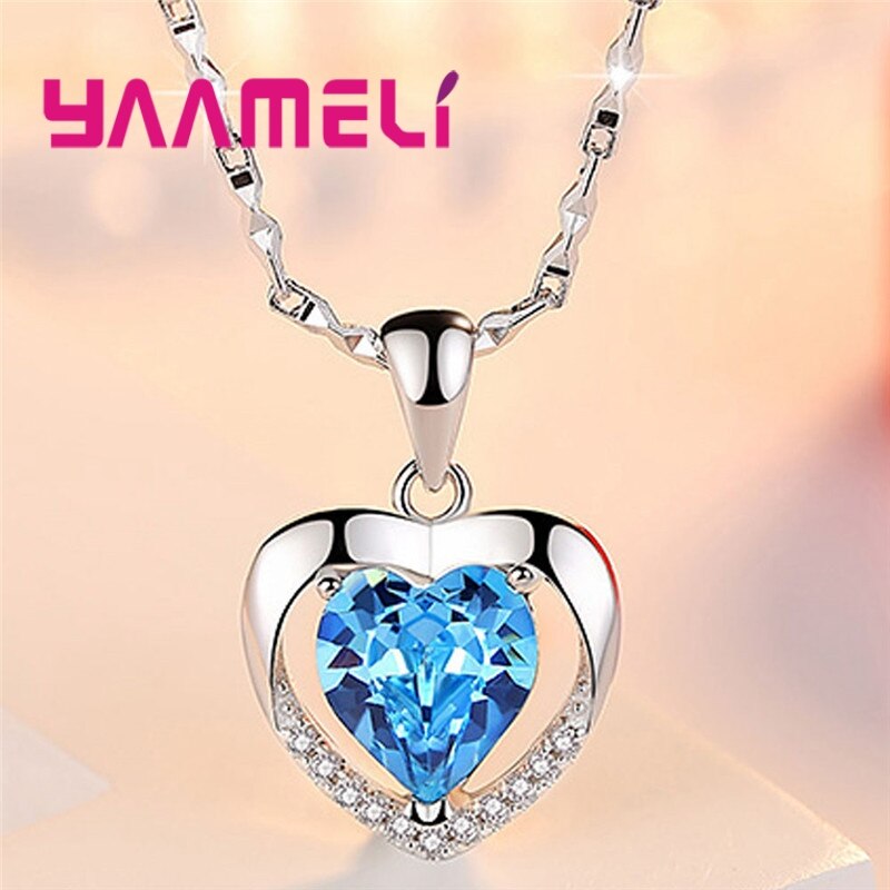 Einzigartige halskette mit herzförmigem anhänger aus sterlingsilber 925 ozeanblau und weiß mit zirkonia-kristallen – ein accessoire für damen, partys und weihnachten.