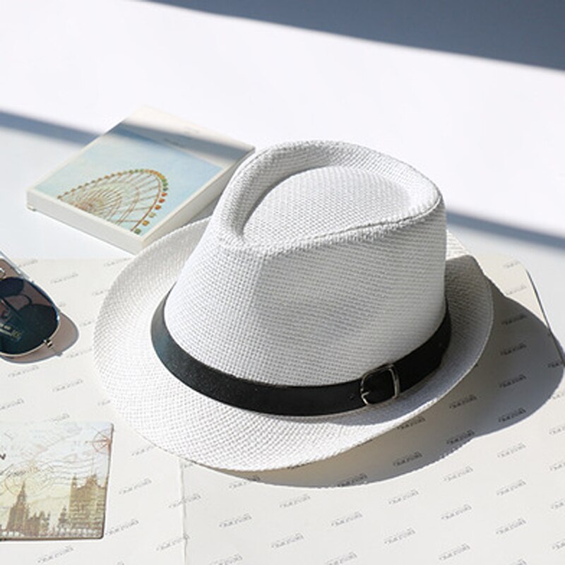 Summer Men Women Children Paper Straw Hat Trilby Gangster Cap Beach Sun Hats Straw Parent-child Jazz Hats Travel Fedoras GH-625: white buckle / 54cm