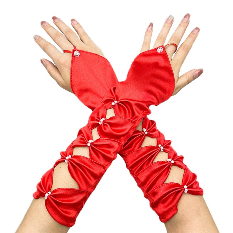 Guantes de novia con lazo de satén blanco, largo, accesorios de boda, 2023: Rojo