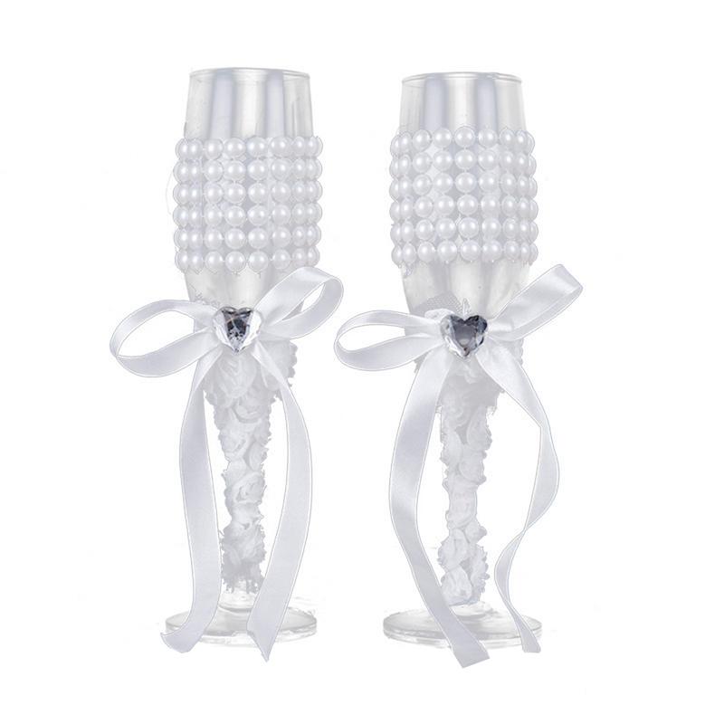 2PCS/Set Wedding Goblet Champagne Toasting Glasses White Ribbon Glasses Set for Weddings Party for Valentines Day: 2pcs goblets A