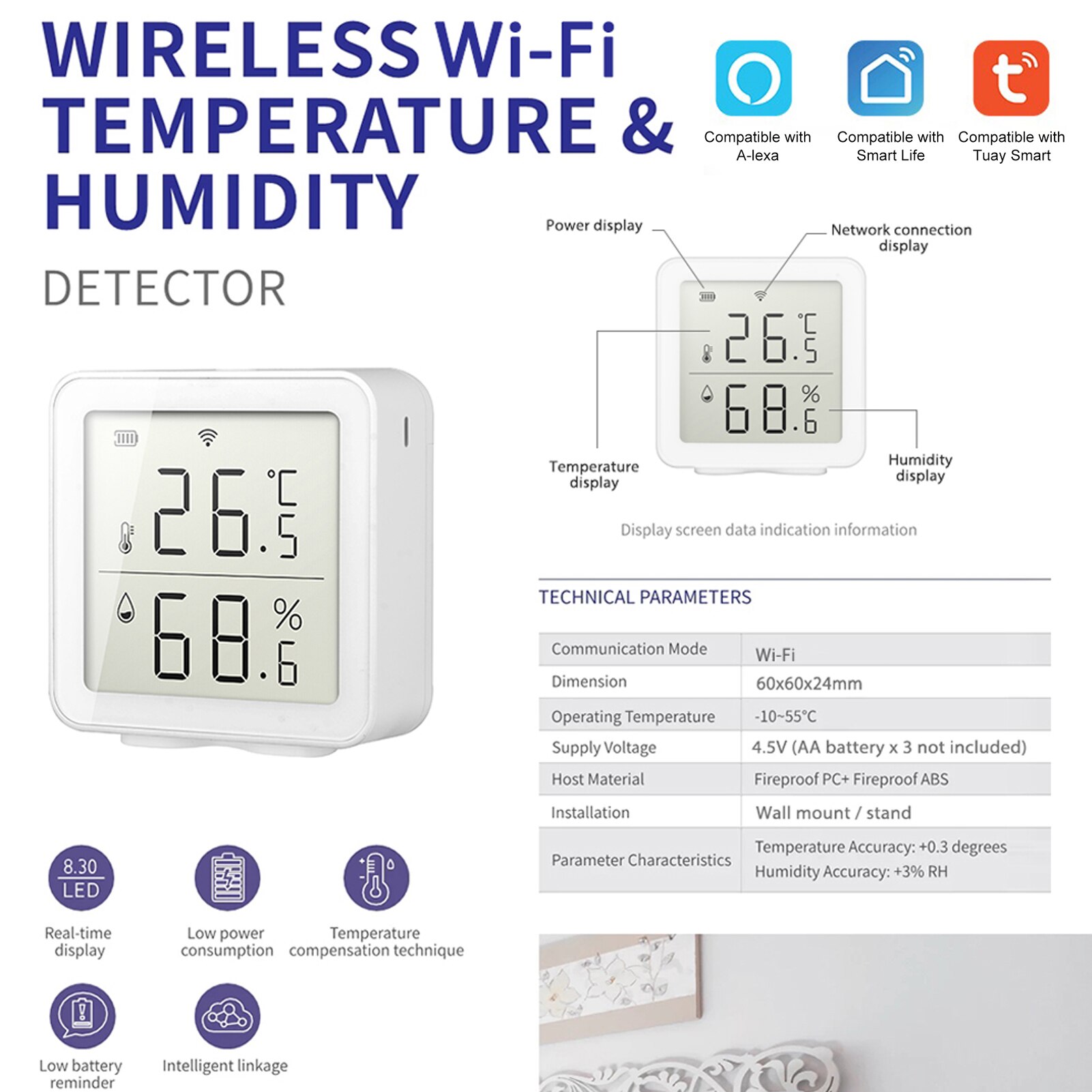 Tuya WIFI Intelligent Thermostat Sensor Wireless Temperature Sensor Home Automation Scene System Compatible with Alexa Smart