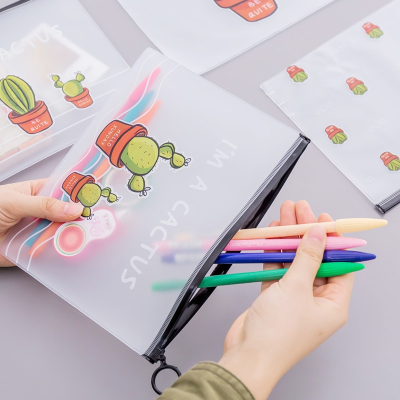 Green Cactus Transparent PVC Document Bag School Pencil Box Pencilcase Pencil Bag School Supplies Stationery Tools