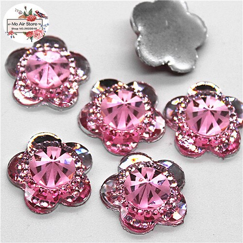 50Pcs Shiny Mix Kleur Bloem Acryl Rhinestone Flat Back Cabochon Art Supply Decoratie Charm Craft Diy 15Mm Geen gat: Pink 50pcs