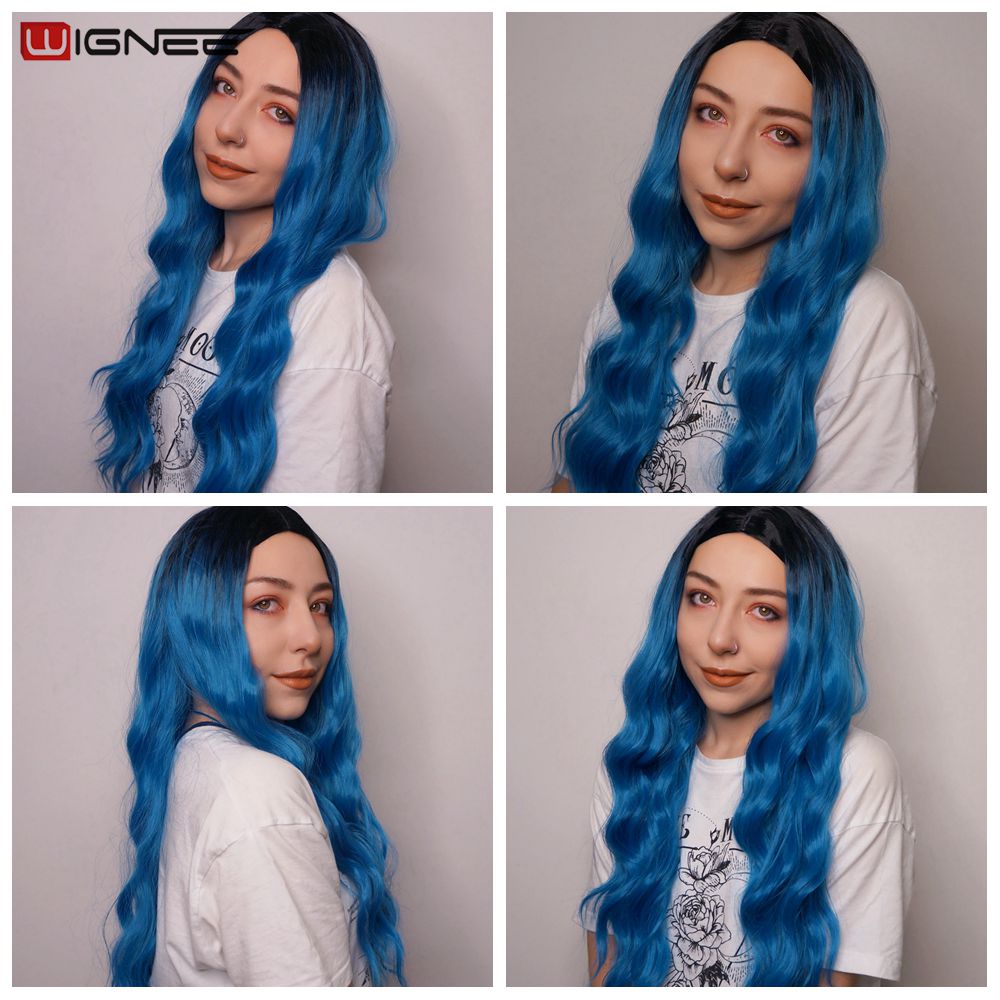 Wignee longo ondulado fibra azul perucas sintéticas parte média resistente ao calor para cabelo natural feminino diário/festa/cosplay party perucas