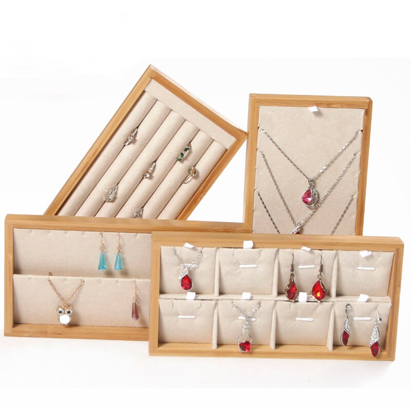 Bamboo Velvet Jewelry Display Tray Ring Box Earring Necklace Bracelet Pendant Display Organizer Jewelry Storage