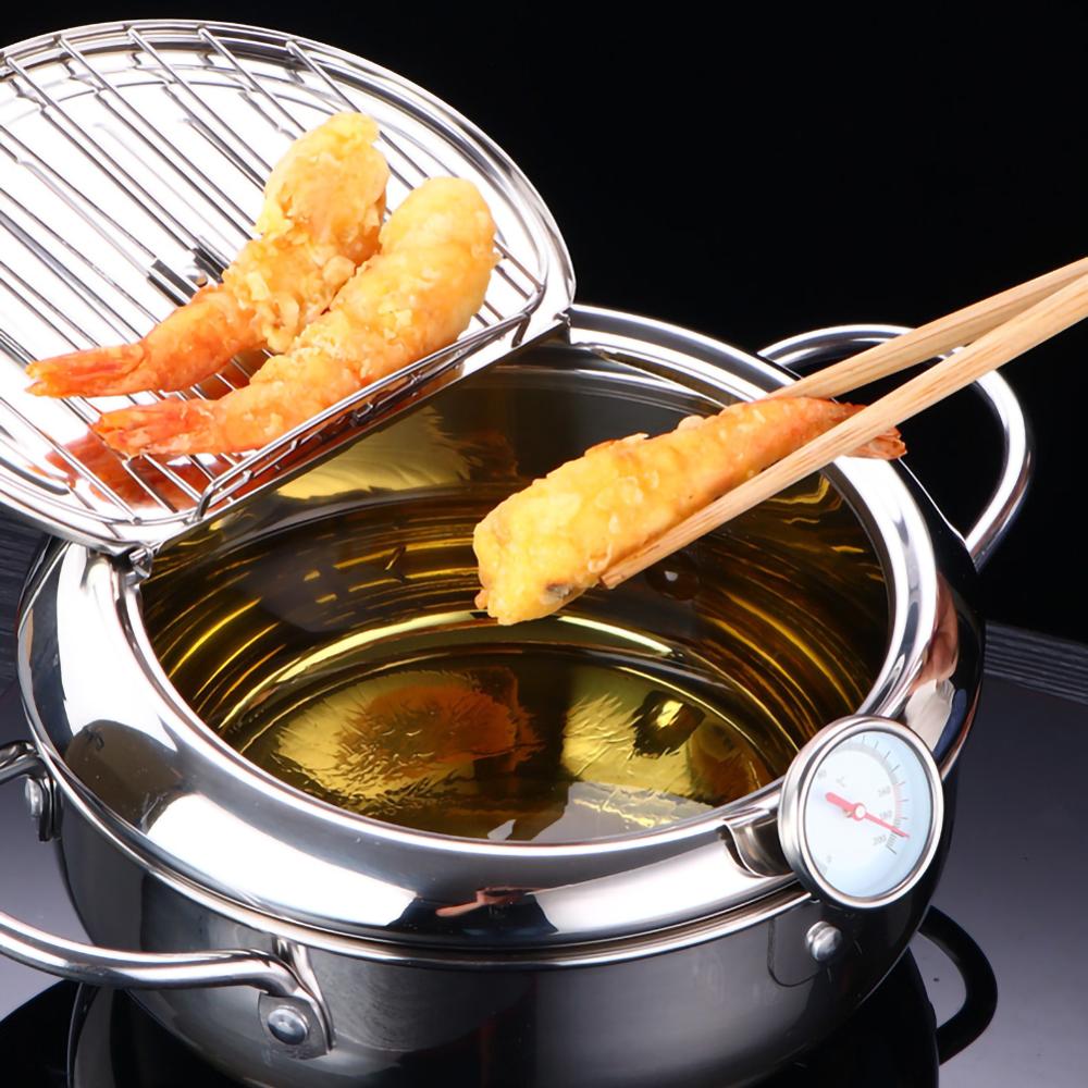 20cm Temperature Controllable Japanese Style Household Tempura Fryer Mini Stainless Steel Fryer Induction Cooker