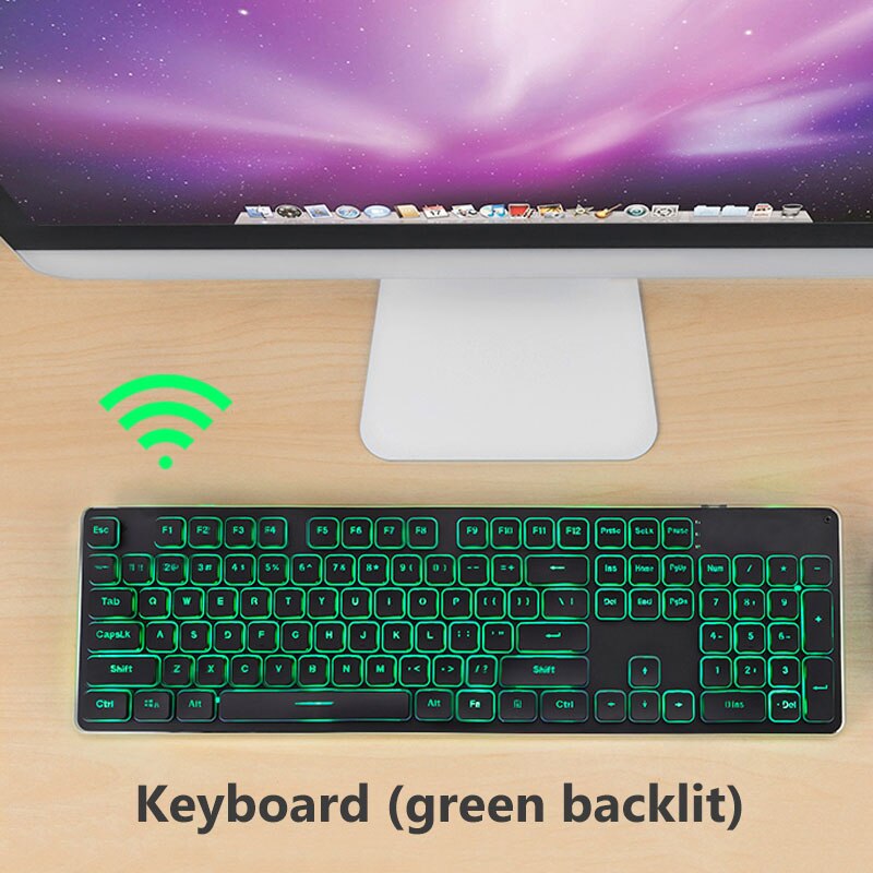2.4g claviers de jeu sans fil, souris, imitation clavier mécanique, souris de jeu pour ordinateur lenovo, macbook, clavier rétroéclairé: (rétroéclairé vert)