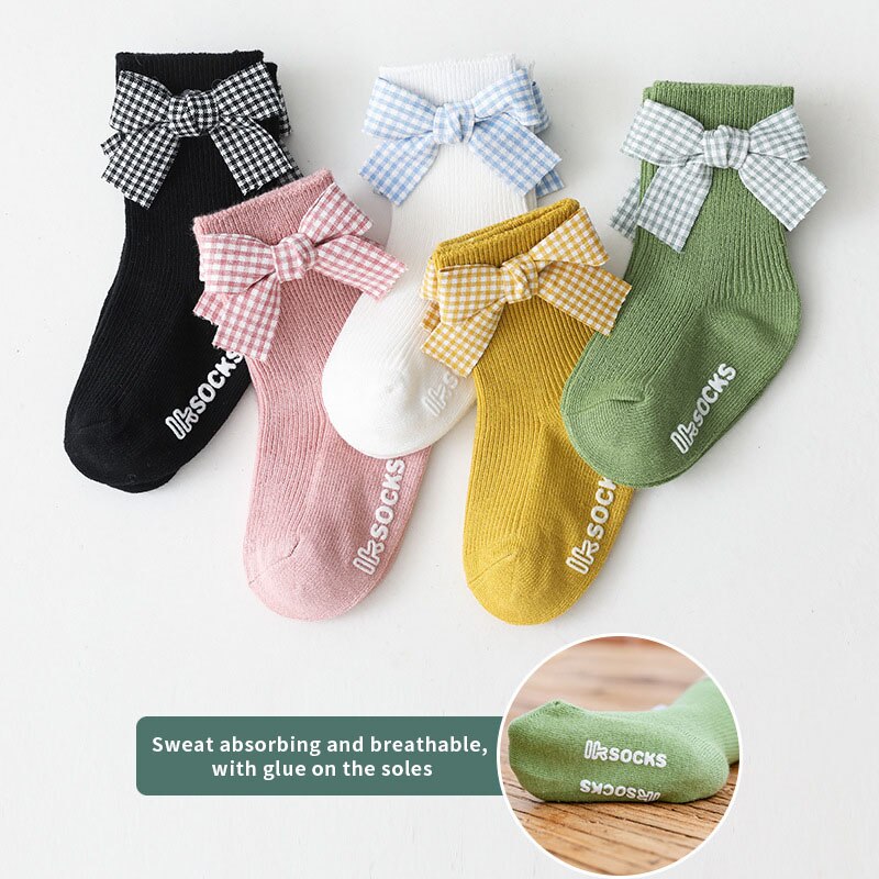 Zoete Plaid Bows Baby Sokken Lente Katoen Prinses Baby Meisjes Korte Sokken Baby Peuter Anti-Slip Vloer Sokken Sokken