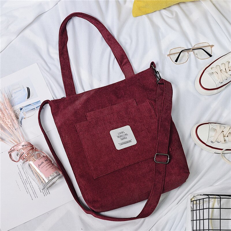 Women Warm Corduroy Tote Ladies Casual Canvas Shoulder Bag Soft Crossbody Bags Beach Bag Striped Cloth Female Handbag Books Bags: Burgundy
